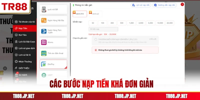 Các bước nạp tiền khá đơn giản